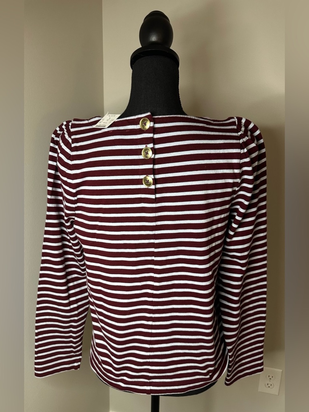 NWT! J. Crew  Striped Burgundy and Baby Blue Gold Button Back Top